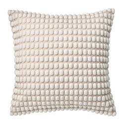 An off-white, square throw pillow with a textured, pompom pattern named SVARTPOPPEL made of recycled polyester.