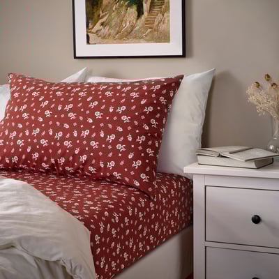 TÅGSÄCKMAL Flat sheet and 2 pillowcase, red/floral pattern, 240x260/50x80 cm