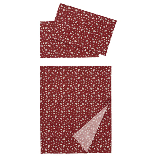 Two burgundy flower-patterned bedding sets, one folded, including sheets and pillowcases, with cotton-viscose blend material.