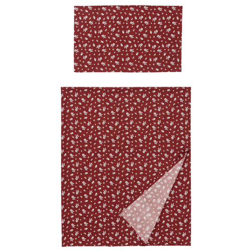 TÅGSÄCKMAL bedding in burgundy with white floral print, rectangular sheet, and pillowcase set made of cotton and viscose.