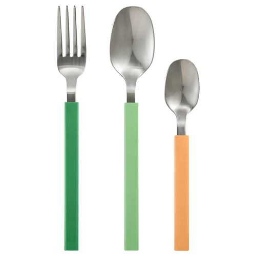 Three-piece colourful cutlery set: green fork and spoon, orange teaspoon. Modern, simple design with plastic handles.