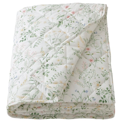 Timjanmott white cotton comforter, floral pattern, rectangular, soft, with green leaves and pink, yellow, blue flowers.