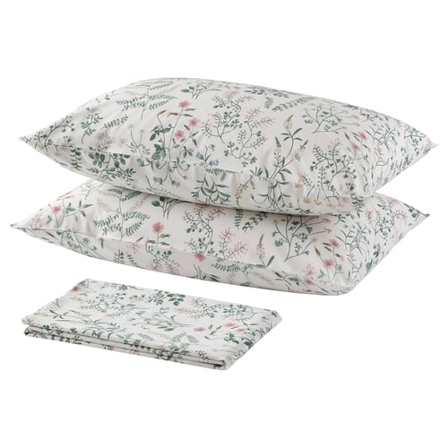 A white bedding set TIMJANSMOTT with floral patterns. It includes a folded duvet cover and two pillows, made of 100% cotton.