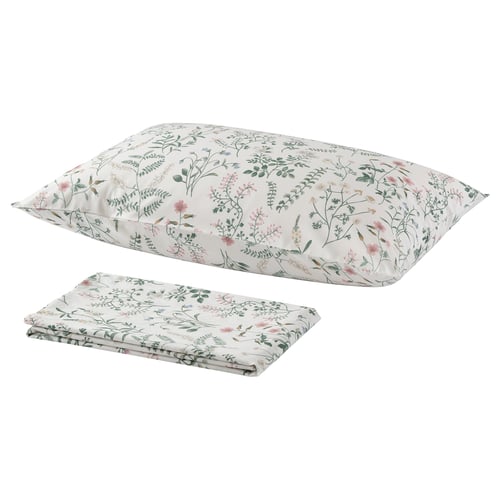 Floral TIMJANSMOTT bed sheet set, light colours, 100% cotton, summer meadow design.