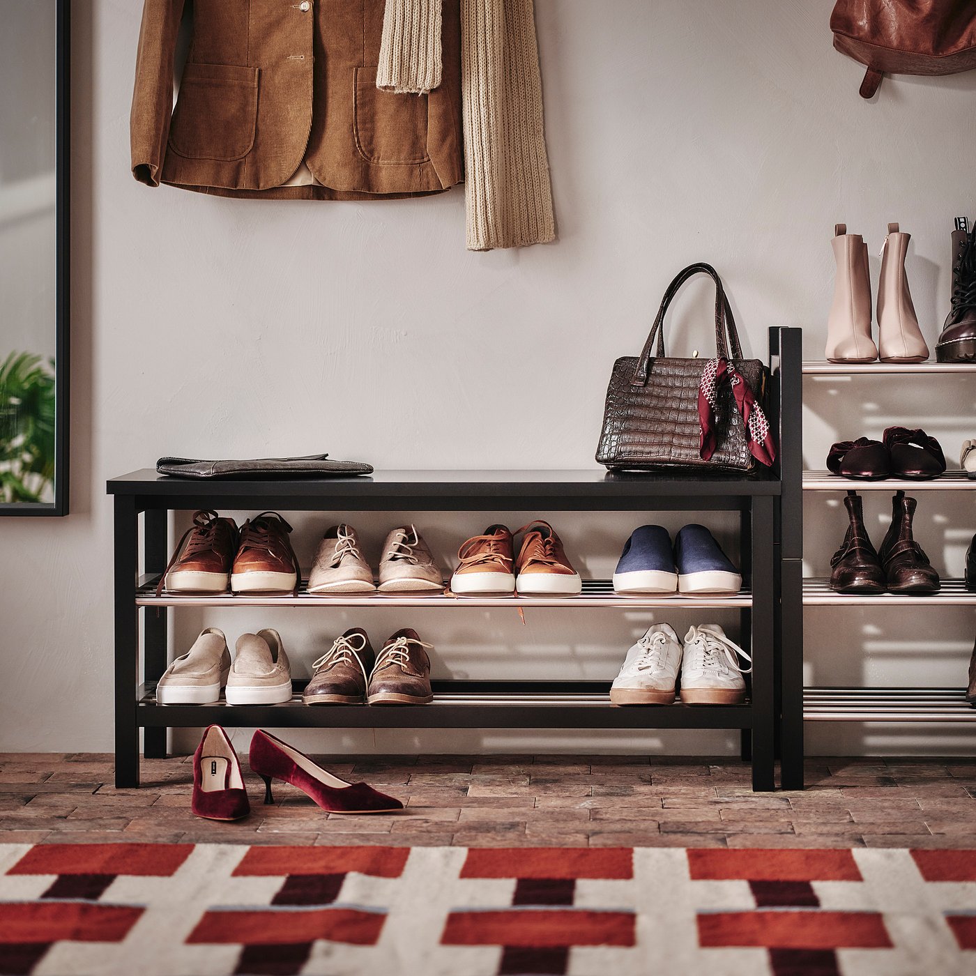 TJUSIG bench with shoe storage, black, 108x34x50 cm (421/2x133