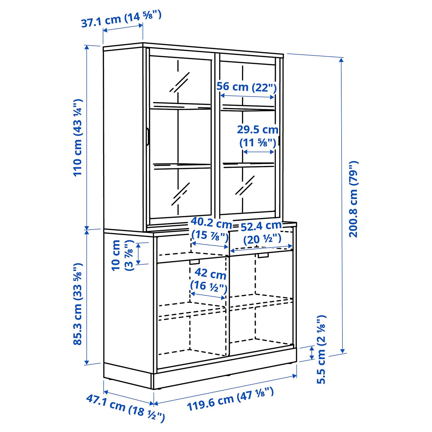 TONSTAD Storage comb w sliding glass doors off-white/clear glass  120x47x201 cm (47 1/8x18 1/2x79 