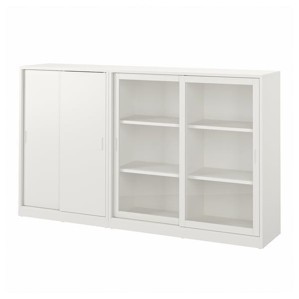 TONSTAD Storage combination w sliding doors, off-white/clear glass, 201x37x116 cm