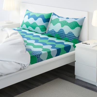 TRÅDFRÄKEN Flat sheet and 2 pillowcase, blue/green, 240x260/50x80 cm