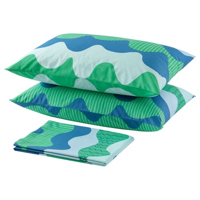 TRÅDFRÄKEN Flat sheet and 2 pillowcase, blue/green, 240x260/50x80 cm