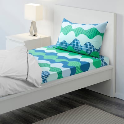 TRÅDFRÄKEN Flat sheet and pillowcase, blue/green, 150x260/50x80 cm