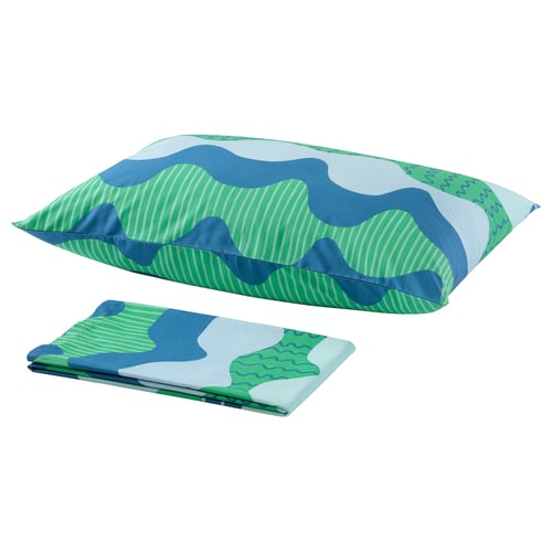 Image TRÅDFRÄKEN bedding: blue-green wave-patterned cotton sheets and pillowcase.
