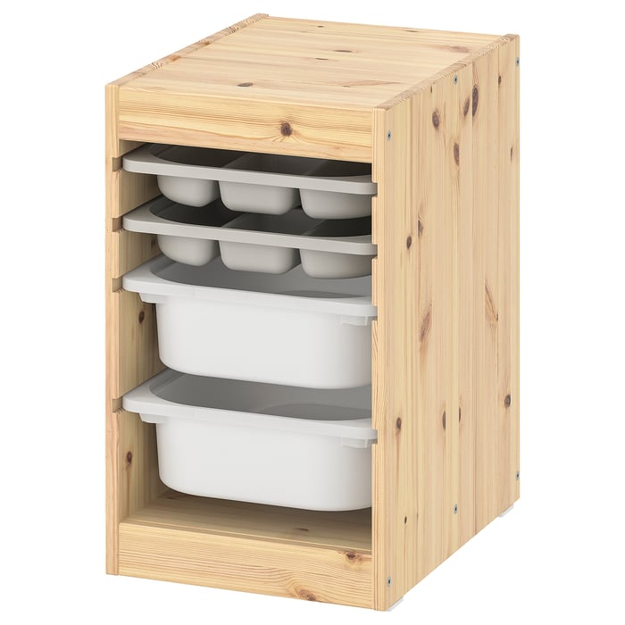 TROFAST storage combination w boxes/trays, light white stained pine