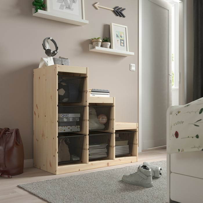 TROFAST storage combination with boxes, light white stained pine/dark