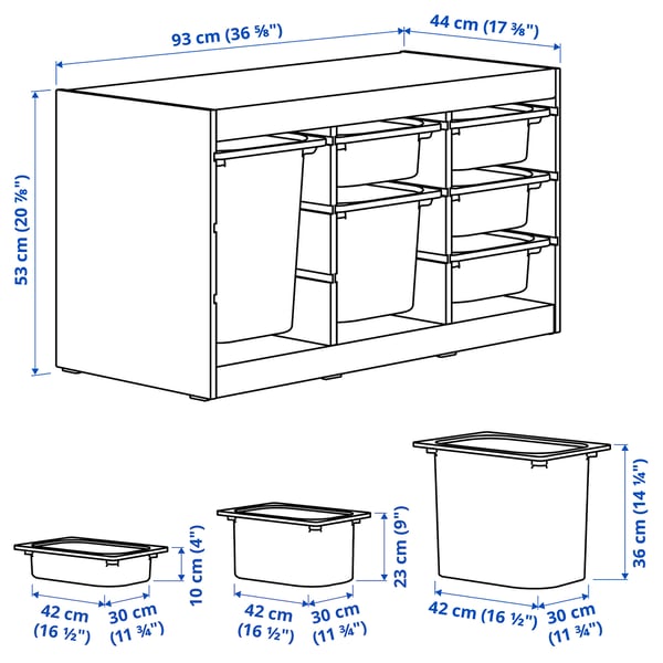 TROFAST Storage combination with boxes, light white stained pine/white, 93x44x53 cm