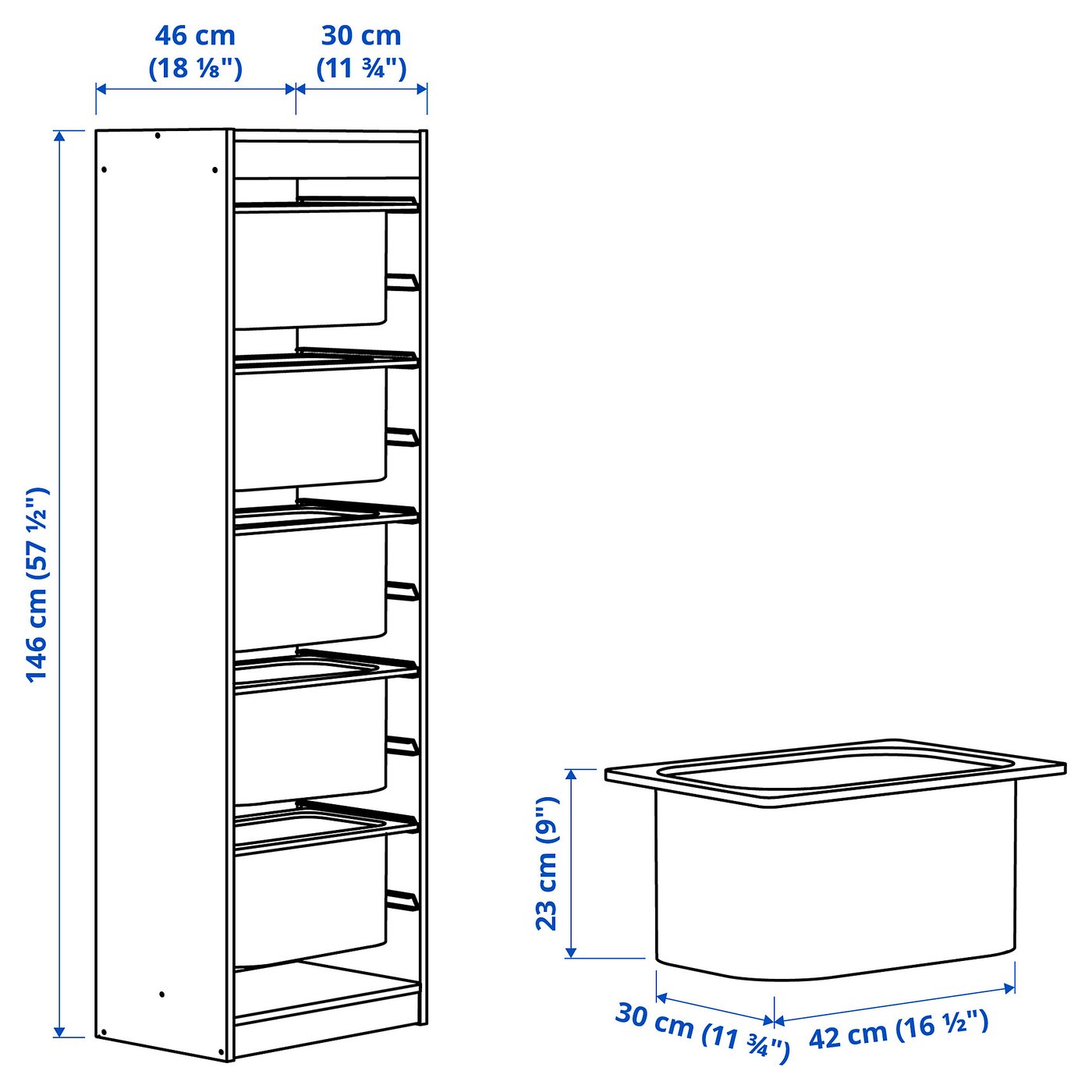 TROFAST storage combination with boxes, white/white, 46x30x146 cm