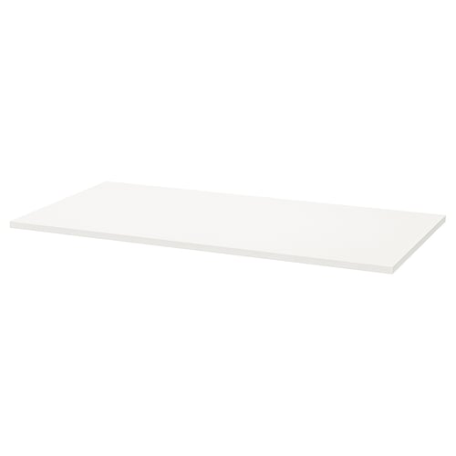 A white TROTTEN table top. Its rectangular, made of melamine foil and particleboard with plastic edging.