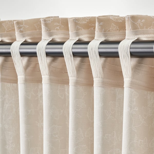 TRYSTÄVMAL Curtains, 1 pair, beige/white/floral pattern with heading tape, 145x250 cm