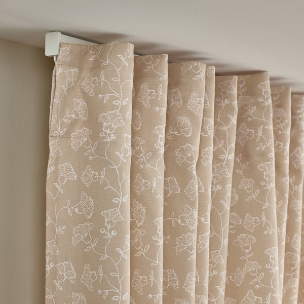 TRYSTÄVMAL Curtains, 1 pair, beige/white/floral pattern with heading tape, 145x250 cm