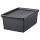 Grey UPPSNOFSAD storage box, rectangular with lid, durable polypropylene, recycled content.