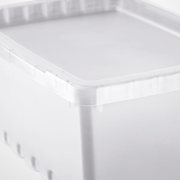 Clear, durable plastic container with secure lid, corner detail visible.