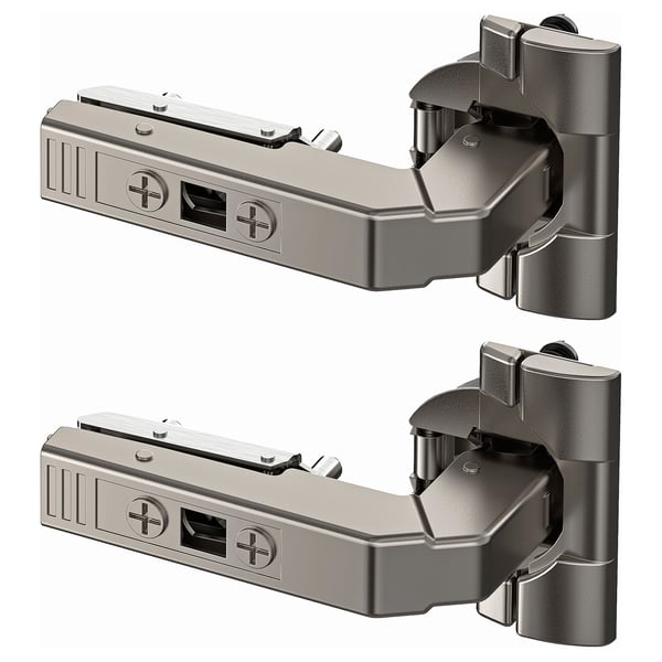 Two nickel-plated steel UTRUSTA hinges shown, adjustable, with screws, rectangular shape, for kitchen doors.