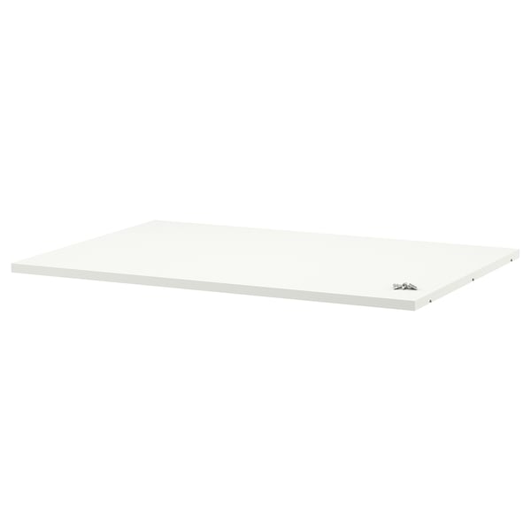A white UTRUSTA shelf made of melamine, rectangular and flat, ideal for corner storage.