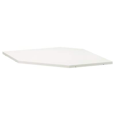 A white UTRUSTA shelf, rectangular, made of melamine with a sturdy frame, designed for corner cabinets.