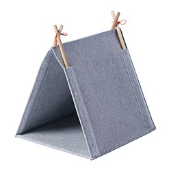 A light grey cat tent made of polyester felt, featuring a simple, triangular design with wooden poles on top.