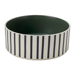 UTSÅDD striped pet bowl. White with dark stripes, green interior, round.
