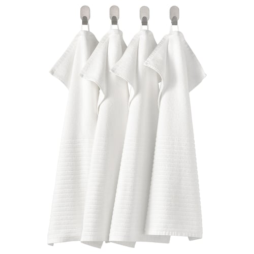 Four white, square, terry cotton hand towels hung neatly in a row.