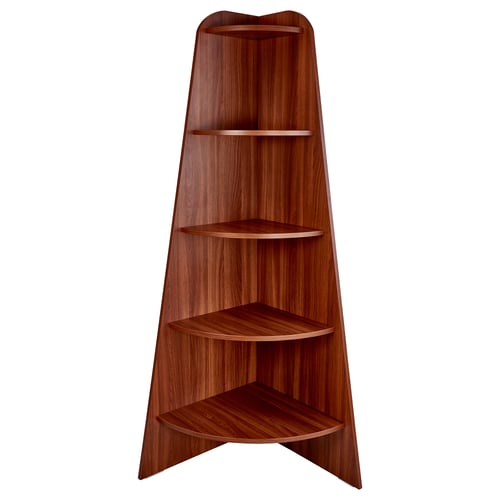 A VARBY, a 5-tier wood-like corner shelf. It a dark brown colour, triangular shape, and melamine particleboard material.