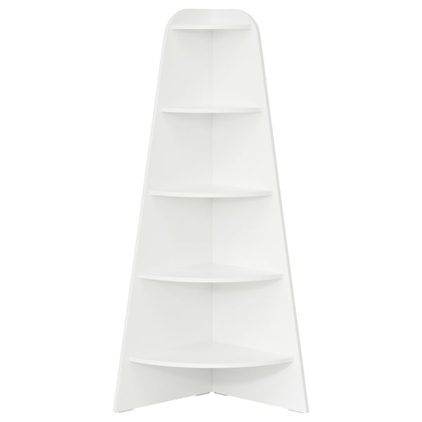 Alt: white 5-tier corner bookshelf for efficient storage.
