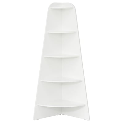 Alt: white 5-tier corner bookshelf for efficient storage.