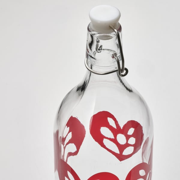 VINTERFINT Bottle with stopper, glass/heart pattern red, 1 l (34 oz) IKEA