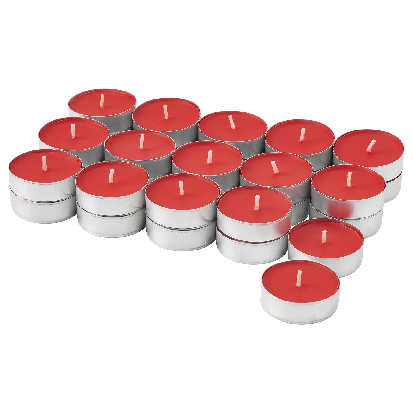 Collection of red candles in silver holders.