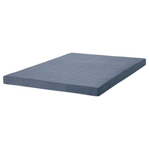 Depicts a blue VOGNILL mattress, rectangular, with a quilted pattern, made from organic materials.