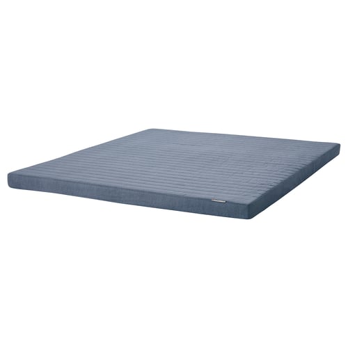 Blue square VOGNILL mattress, quilted, eco-friendly with recycled polyester and natural materials for comfort and ventilation.