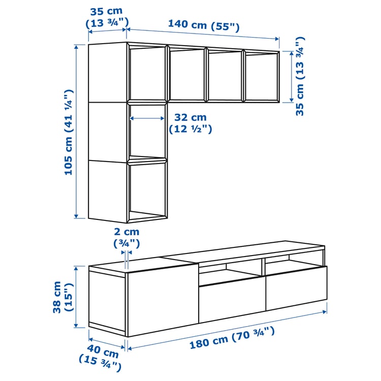Illustration with measurements for the product: BESTÅ.