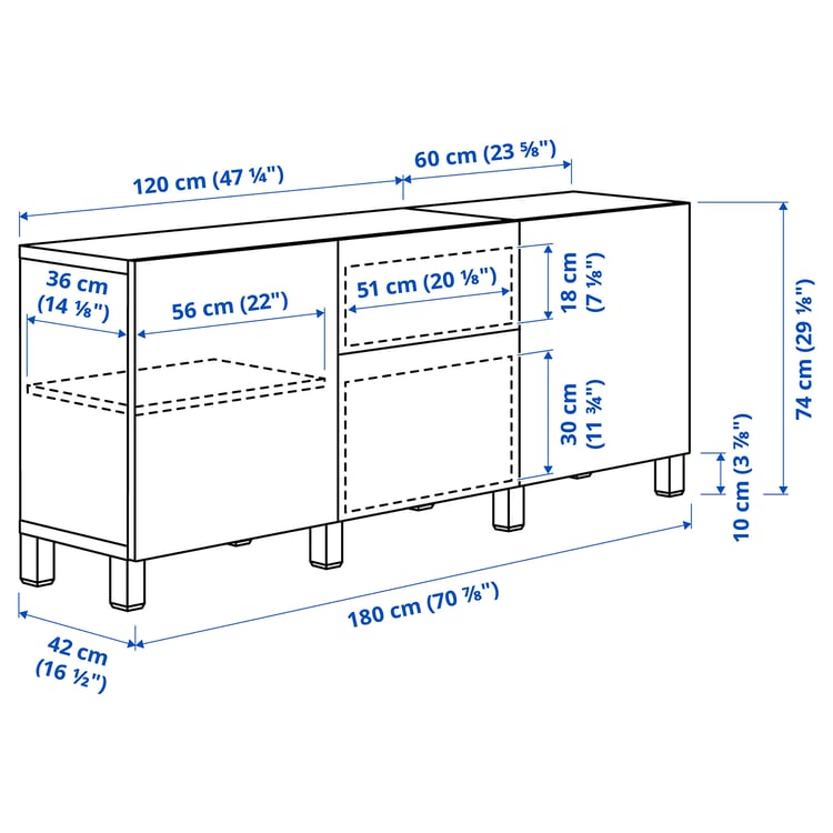 Illustration with measurements for the product: BESTÅ.