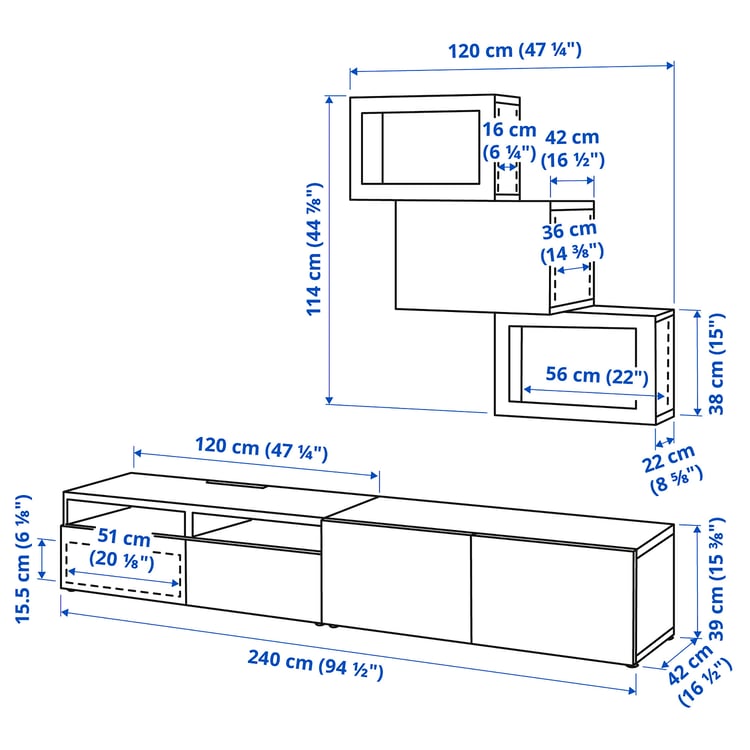 Illustration with measurements for the product: BESTÅ.