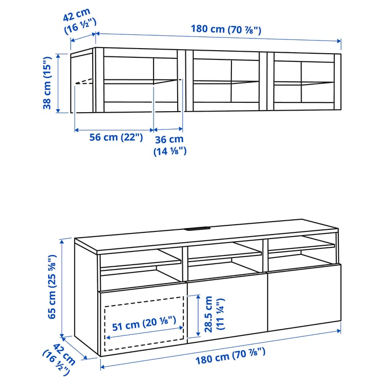 Illustration with measurements for the product: BESTÅ.