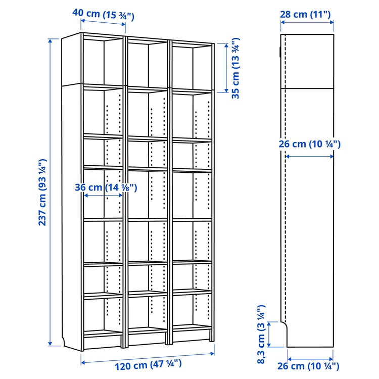 Illustration with measurements for the product: BILLY.