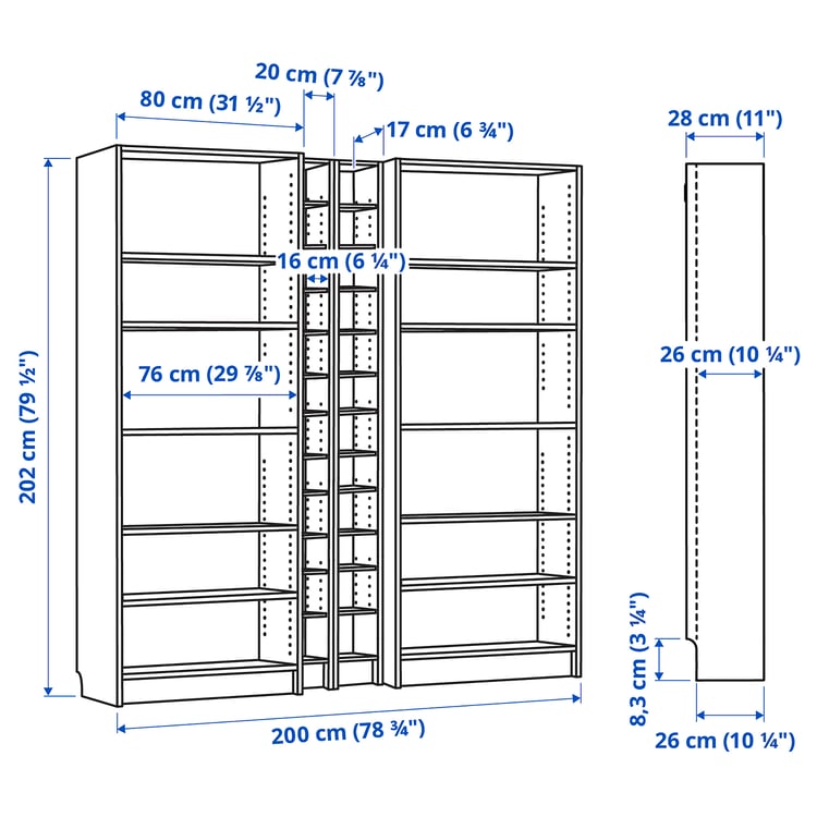 Illustration with measurements for the product: BILLY.