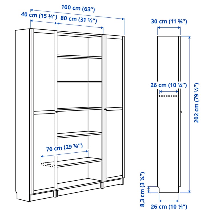 Illustration with measurements for the product: BILLY.