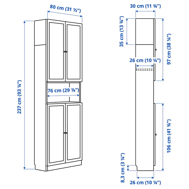 Illustration with measurements for the product: BILLY.