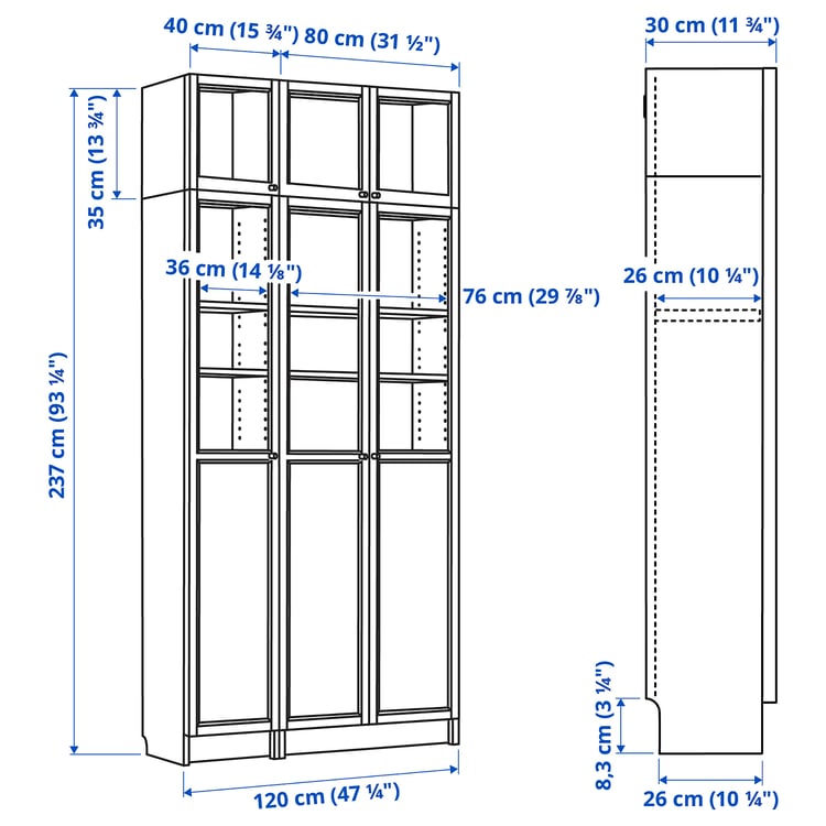 Illustration with measurements for the product: BILLY.