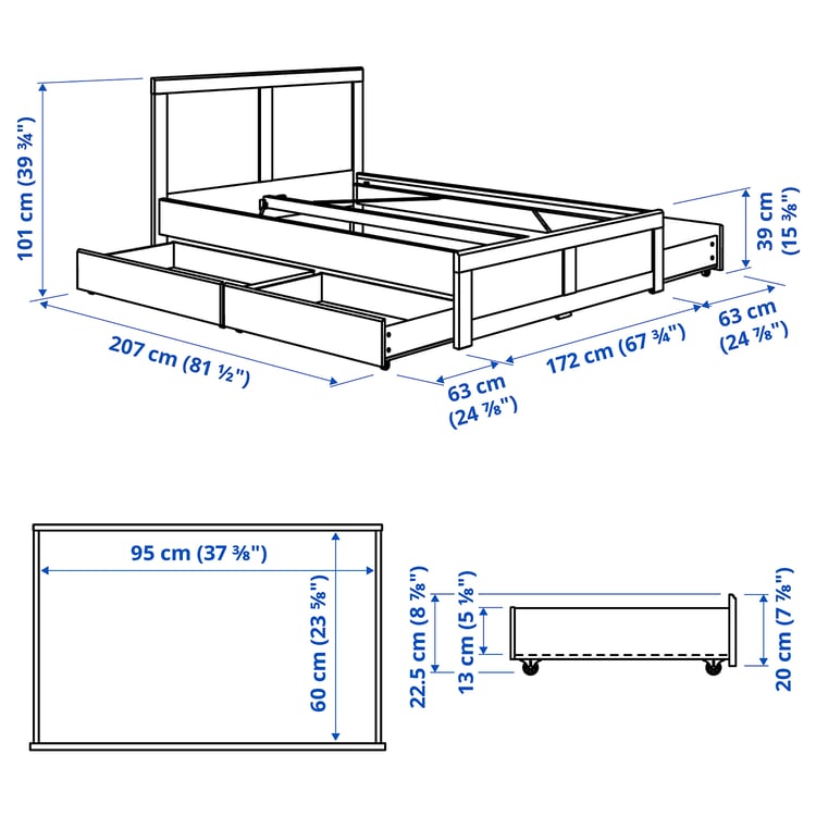 FÅGELFJÄLLET Bed frame with 4 storage boxes, off-white, 160x200 cm