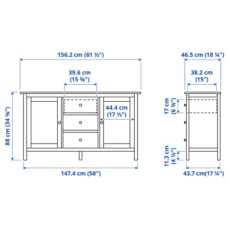 Illustration with measurements for the product: HEMNES.