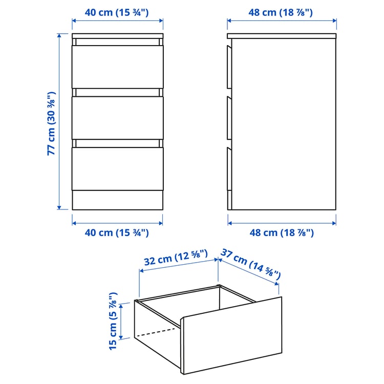 Illustration with measurements for the product: MALM.
