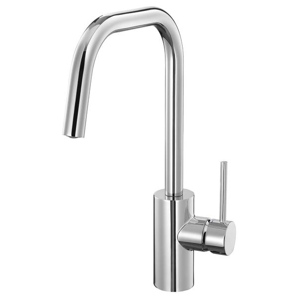 Rubinetto cromato moderno, ÄLMAREN, beccuccio curvo, ottone resistente, inserti in ceramica precisi, design elegante.